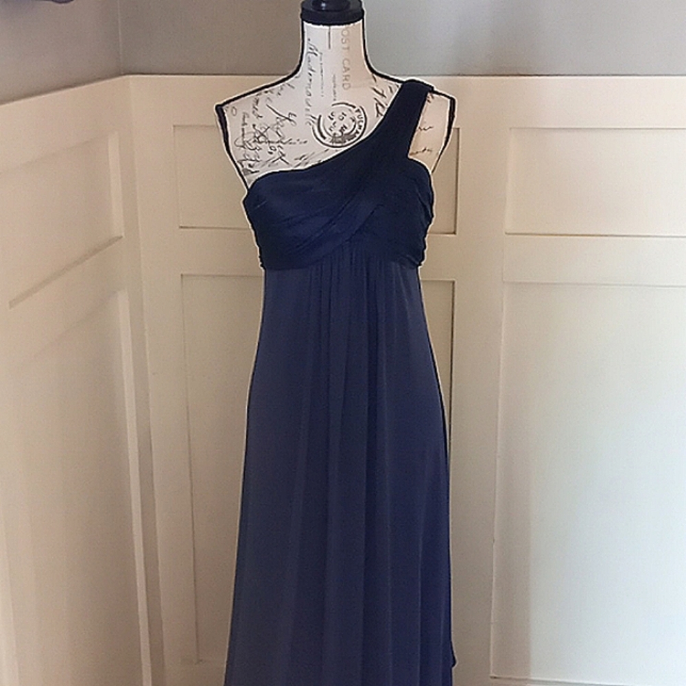 Formal David's Bridal Navy One Shoulder Long Jersey Dress With Cascade Back Sz 8